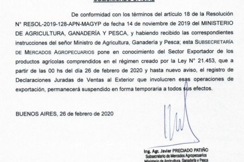 Cerraron el registro de exportaciones